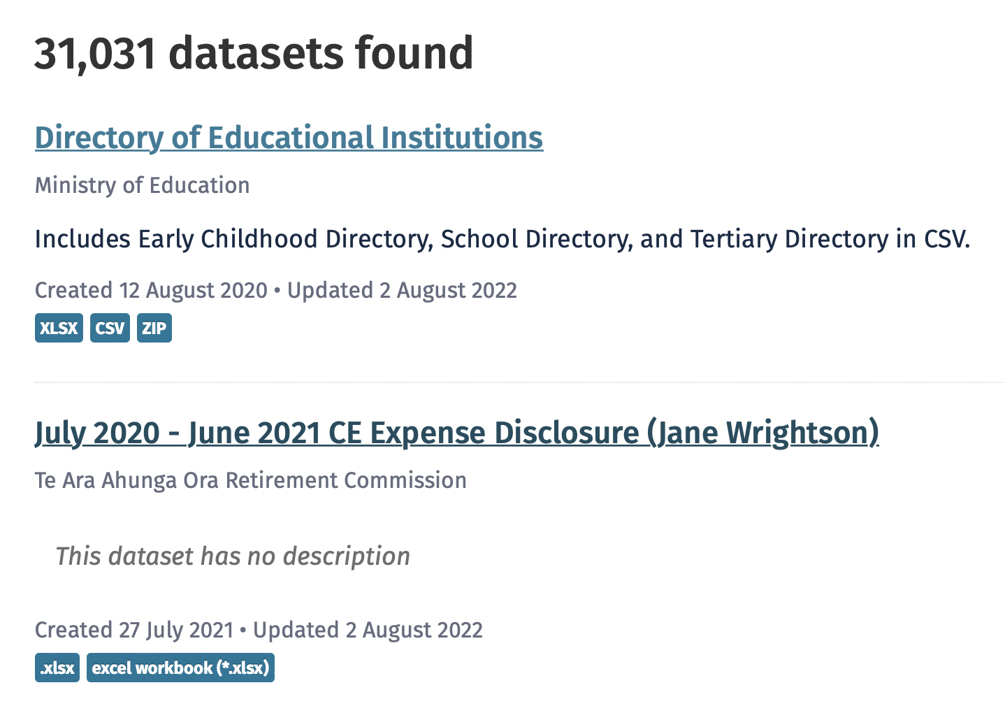 A screenshot of the data.govt.nz catalogue search showing __31,031__ datasets are available. The second dataset listed is MBIE's rental bond data