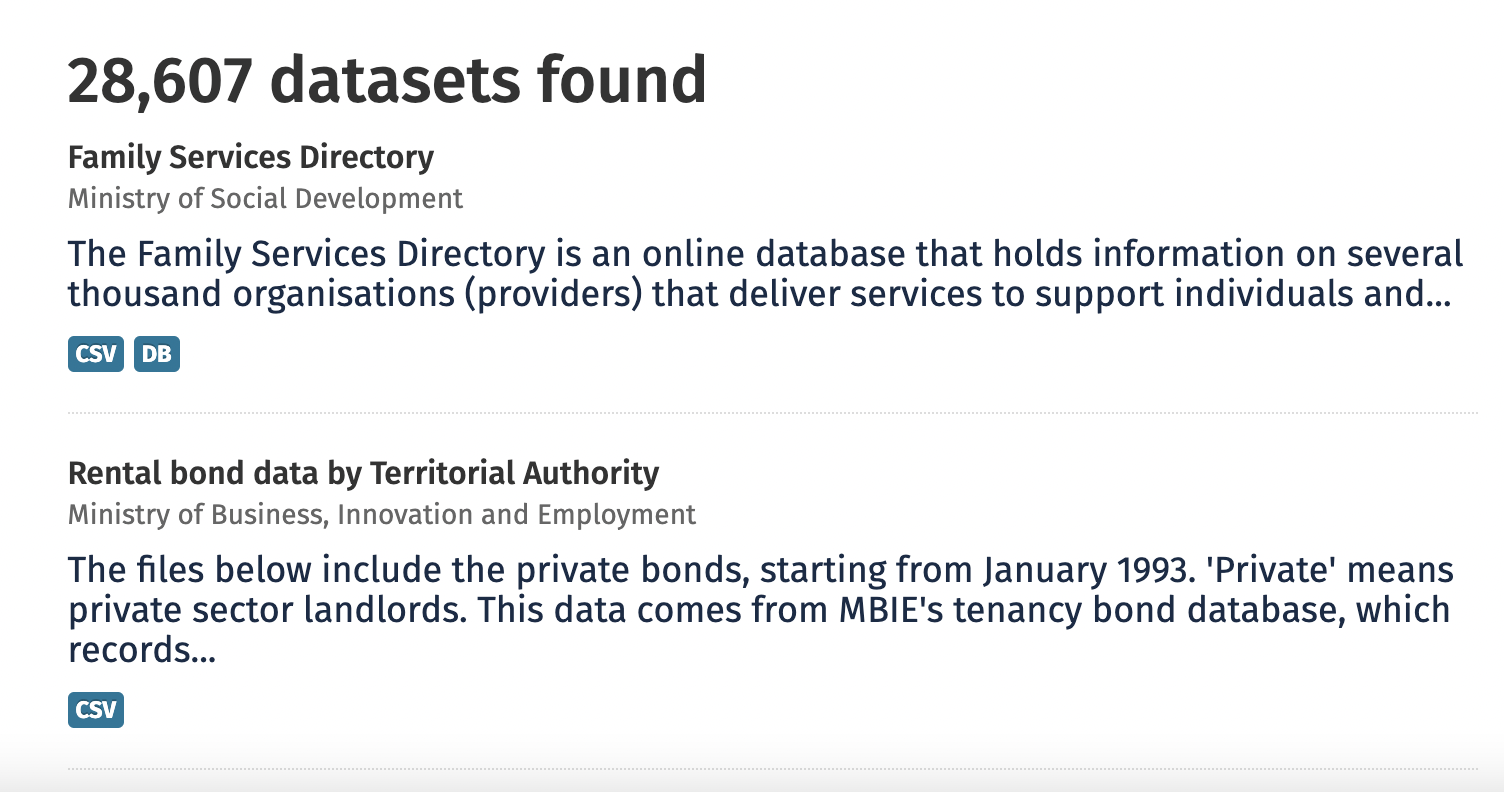 A screenshot of the data.govt.nz catalogue search showing 28,607 datasets are available. The second dataset listed is MBIE's rental bond data