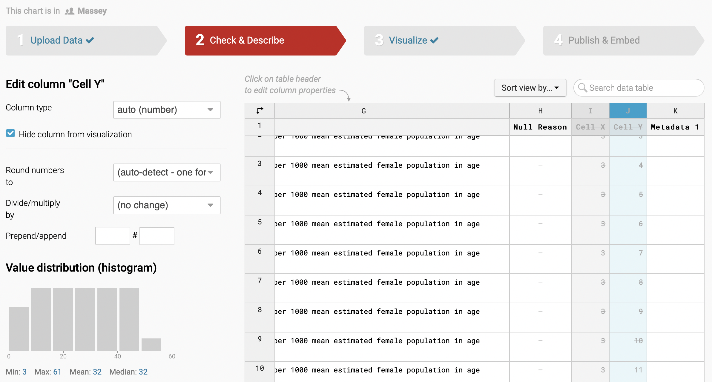 Screenshot of Datawrapper Check & Describe showing how to hide columns